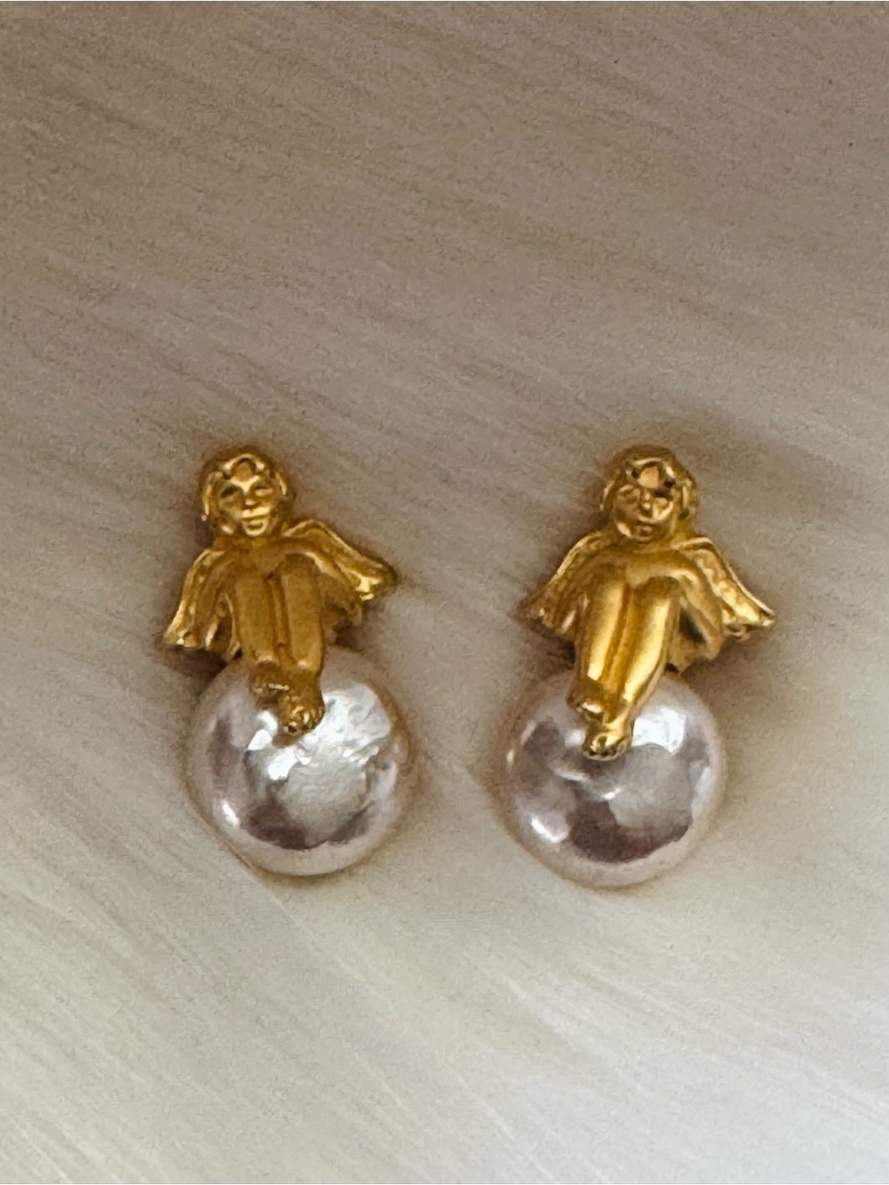 Authentic Vintage Karl Lagerfeld Gold Cherub Faux  Pearl Clip On Earrings